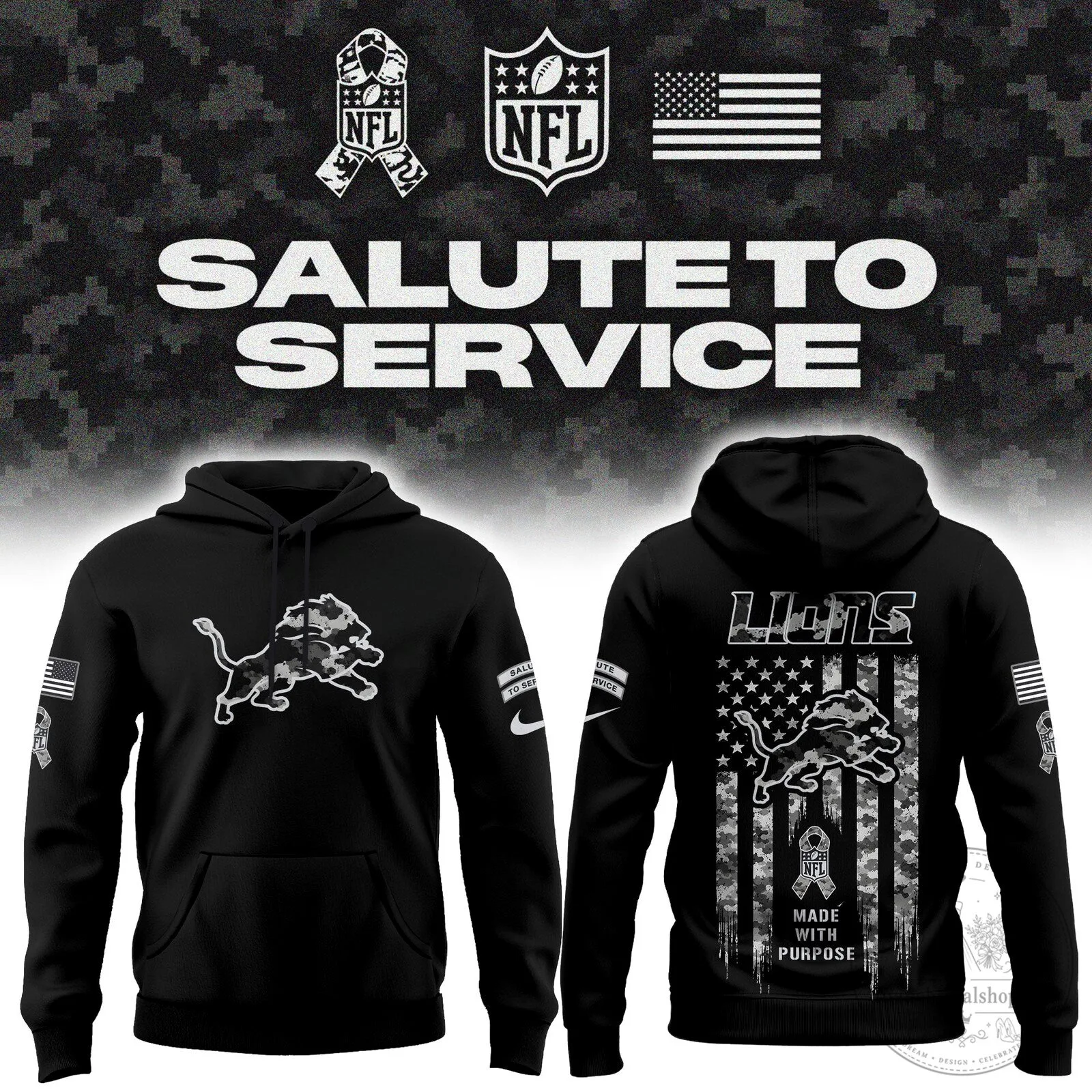 Detroit Lions Salute to Service Black Camouflage Hoodie