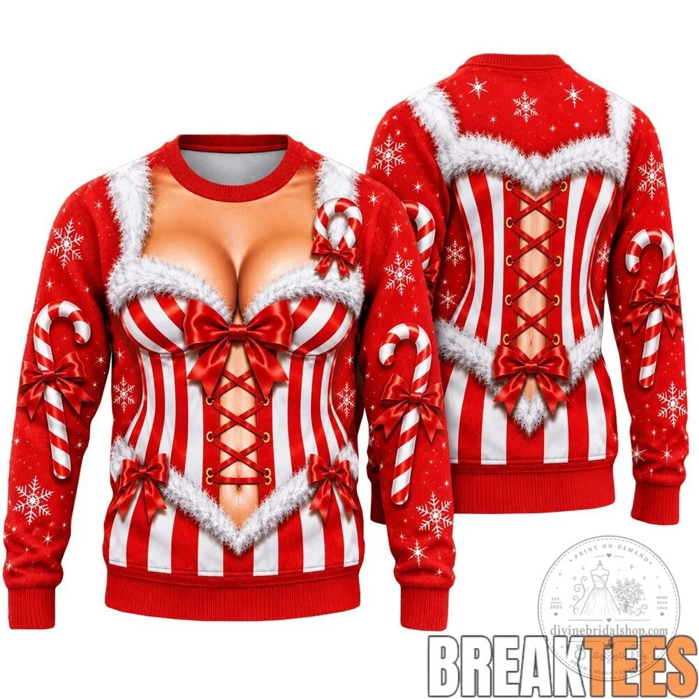 Funny Candy Cane Corset Cleavage Ugly Christmas Sweater 4 Funny Candy Cane Corset Cleavage Ugly Christmas Sweater