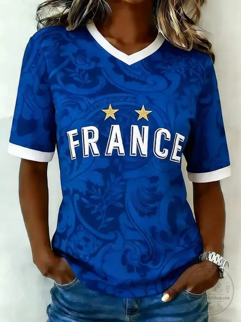 France Football Women's Blue V-Neck Short Sleeve T-Shirt 22 France Football Women's Blue V-Neck Short Sleeve T-Shirt