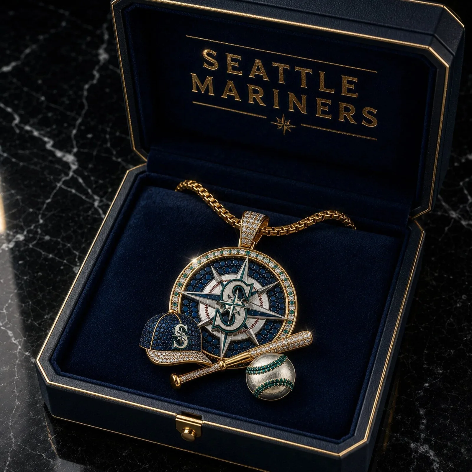 Gold Plated Diamond Pendant Necklace of the Seattle Mariners Baseball Team