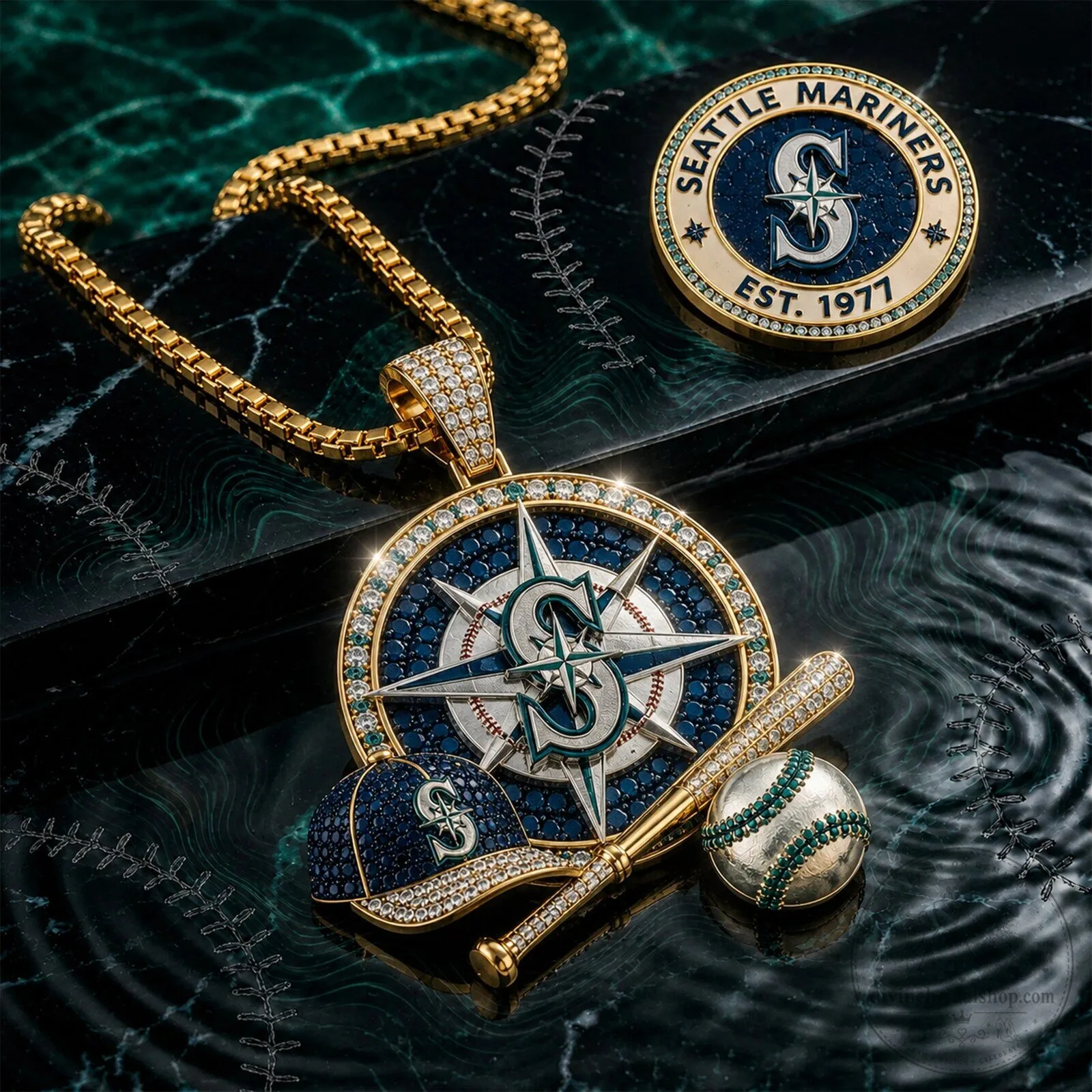 Gold Plated Diamond Pendant Necklace of the Seattle Mariners Baseball Team 5 Gold Plated Diamond Pendant Necklace of the Seattle Mariners Baseball Team