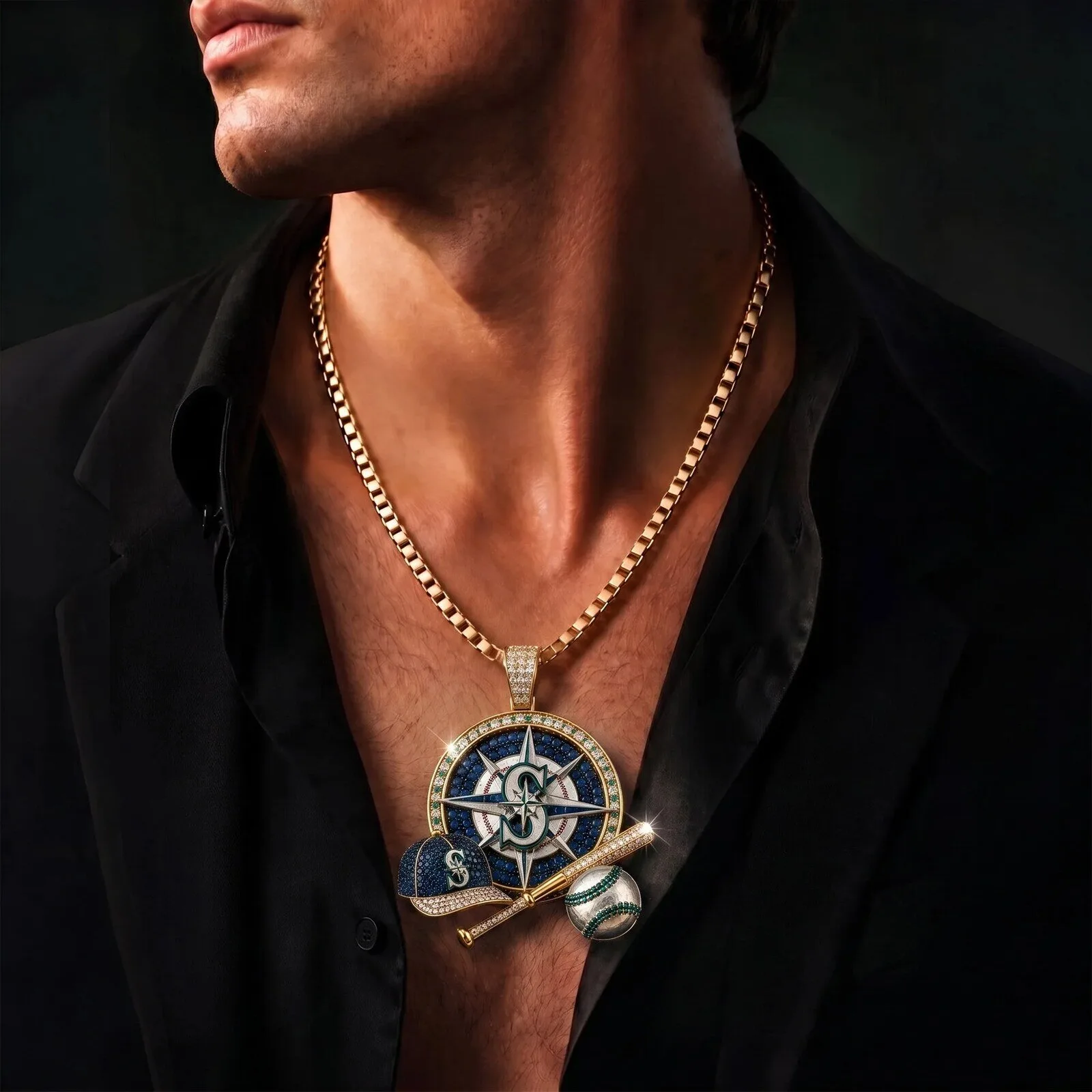Gold Plated Diamond Pendant Necklace of the Seattle Mariners Baseball Team 7 Gold Plated Diamond Pendant Necklace of the Seattle Mariners Baseball Team