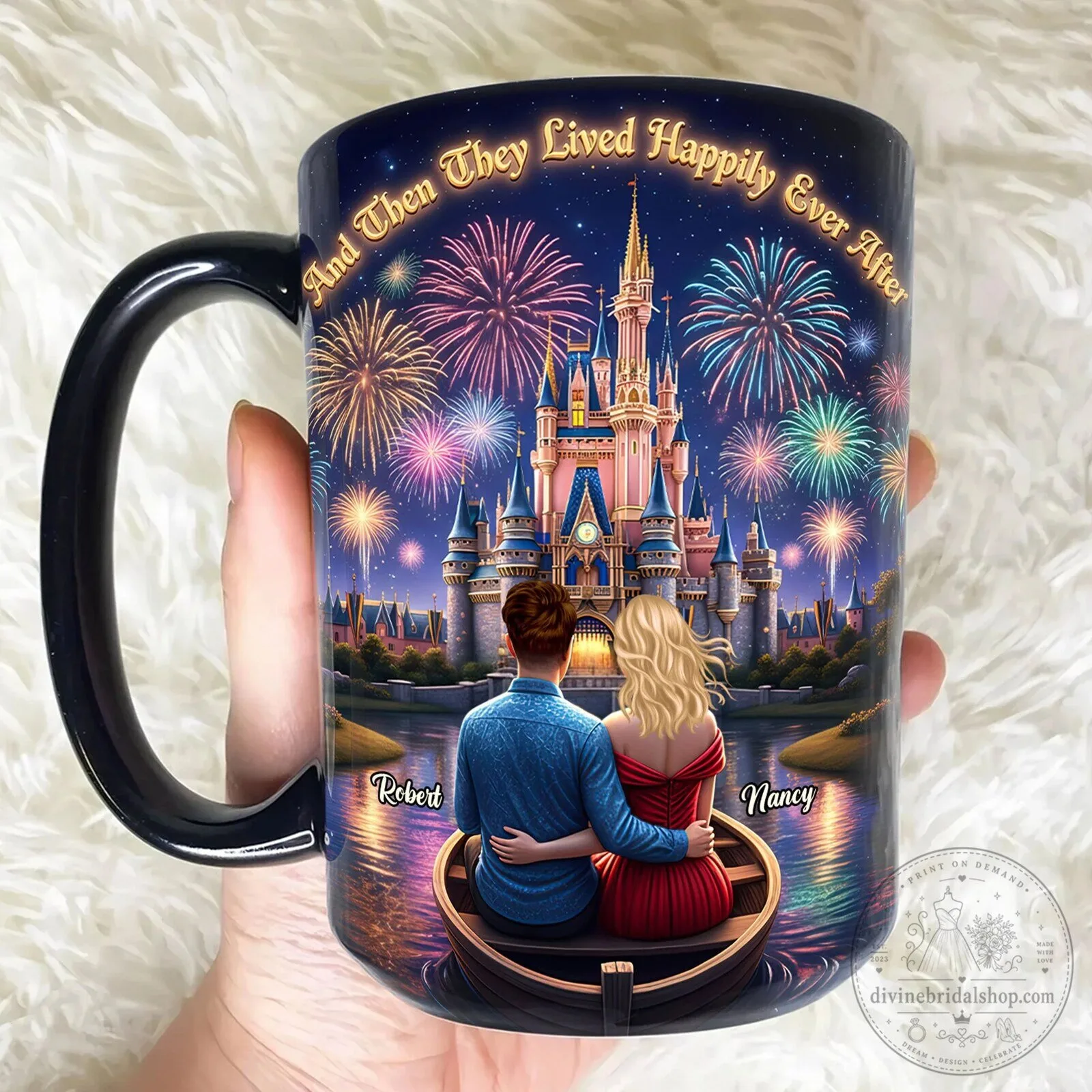 Personalized Couple Happily Ever After Castle Fireworks Coffee Mug