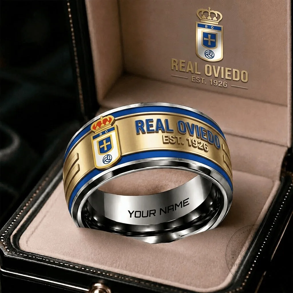 Real Oviedo Football Club Personalized Gold and Blue Band Ring