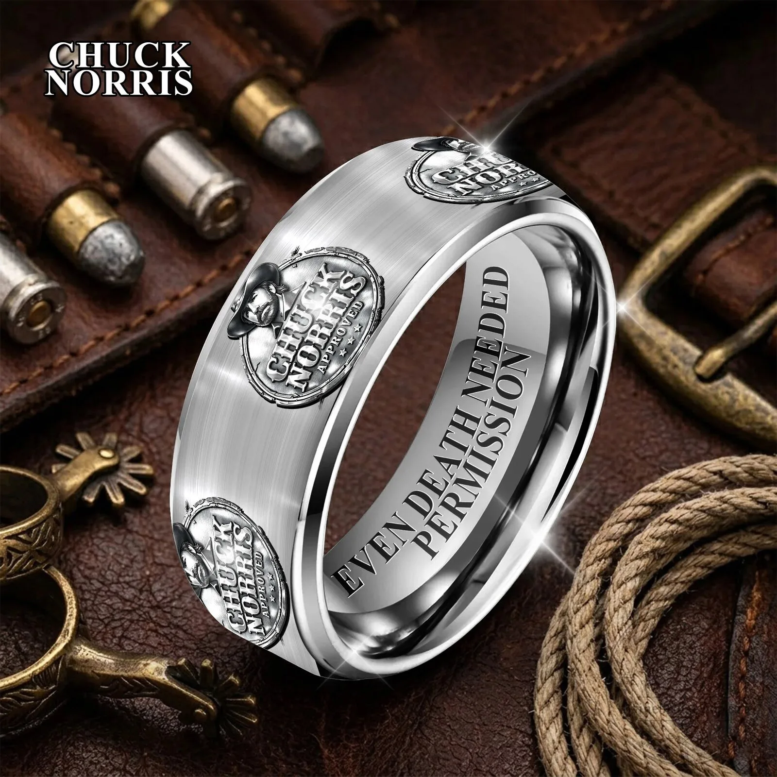 Chuck Norris Approved Brushed Silver Ring with "Even Death Needed Permission" Engraving