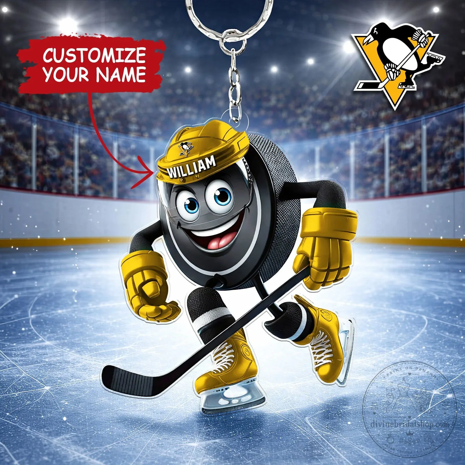 Pittsburgh Penguins Personalized Hockey Puck Mascot Keychain