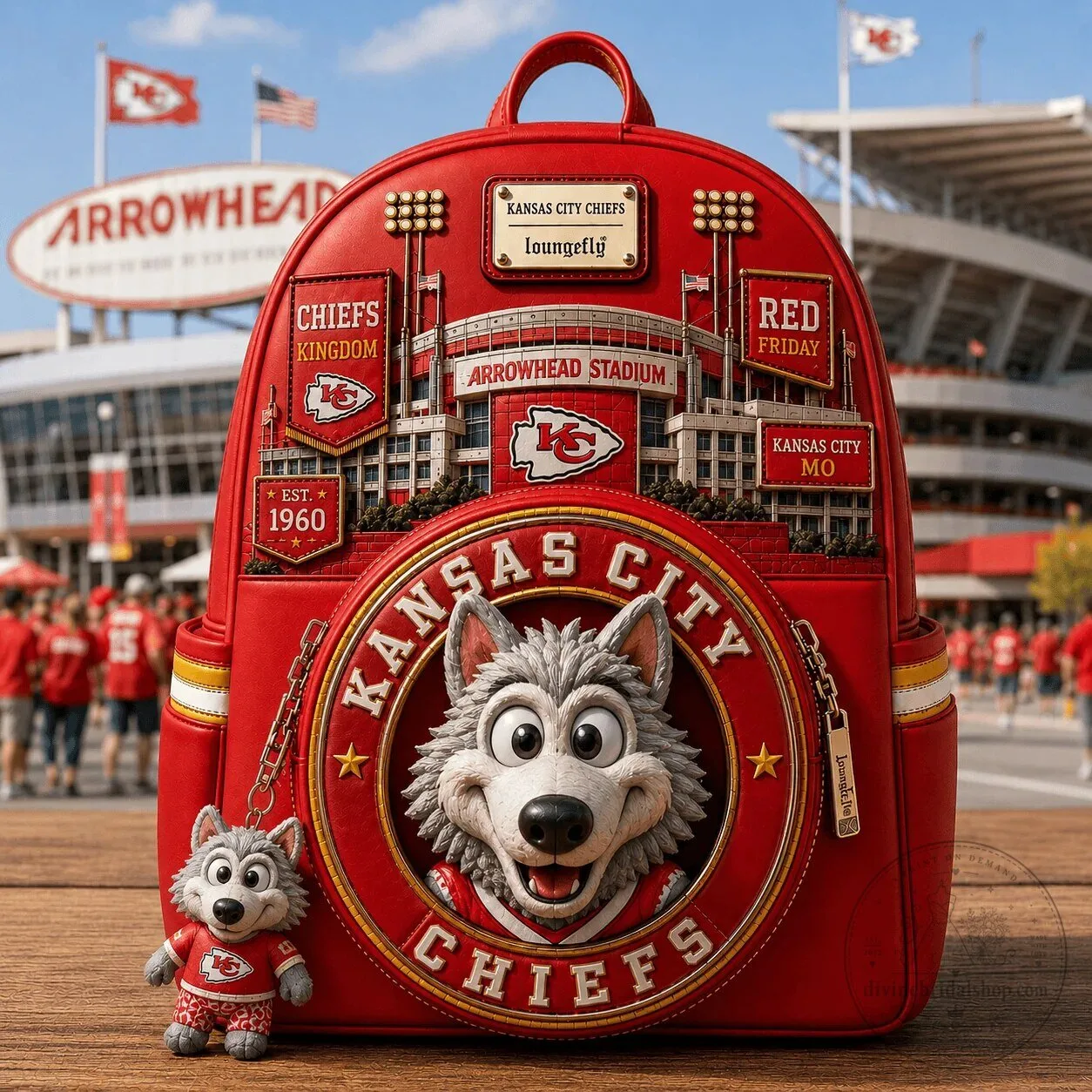 Kansas City Chiefs Arrowhead Stadium Wolfie Mascot Loungefly Backpack