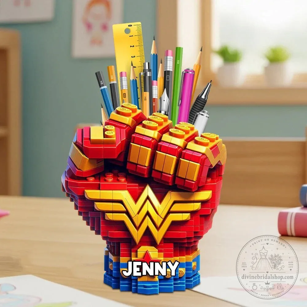 Wonder Woman Logo Lego Fist Personalized Pen Holder for Kids