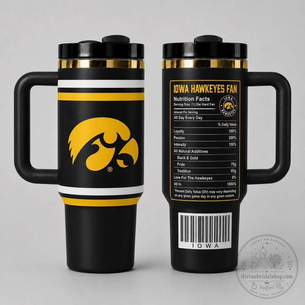 Iowa Hawkeyes Fan Nutrition Facts Black and Gold Insulated Tumbler