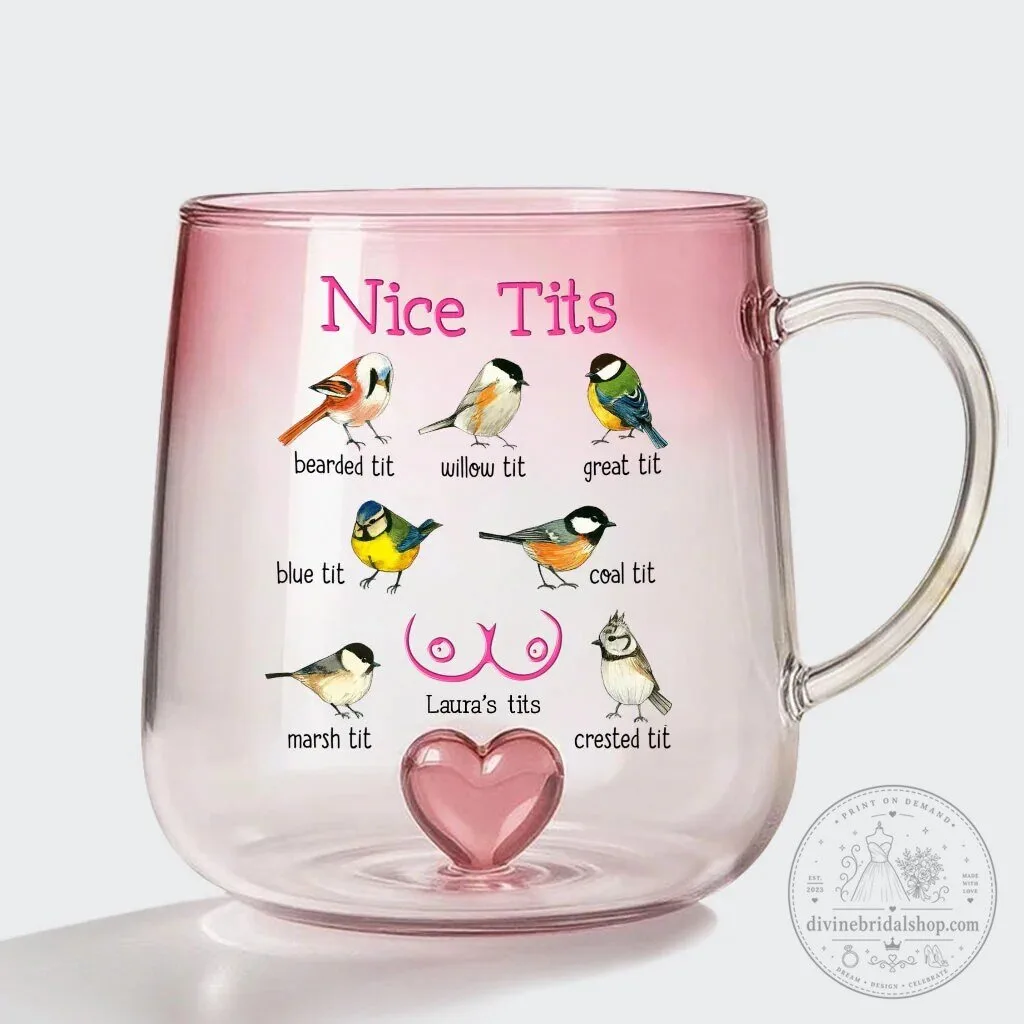 Funny Bird Tits Pink Gradient Glass Mug with Heart Handle