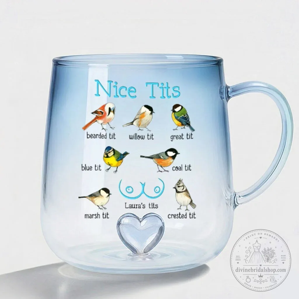 Funny Bird Tits Pink Gradient Glass Mug with Heart Handle 4 Funny Bird Tits Pink Gradient Glass Mug with Heart Handle