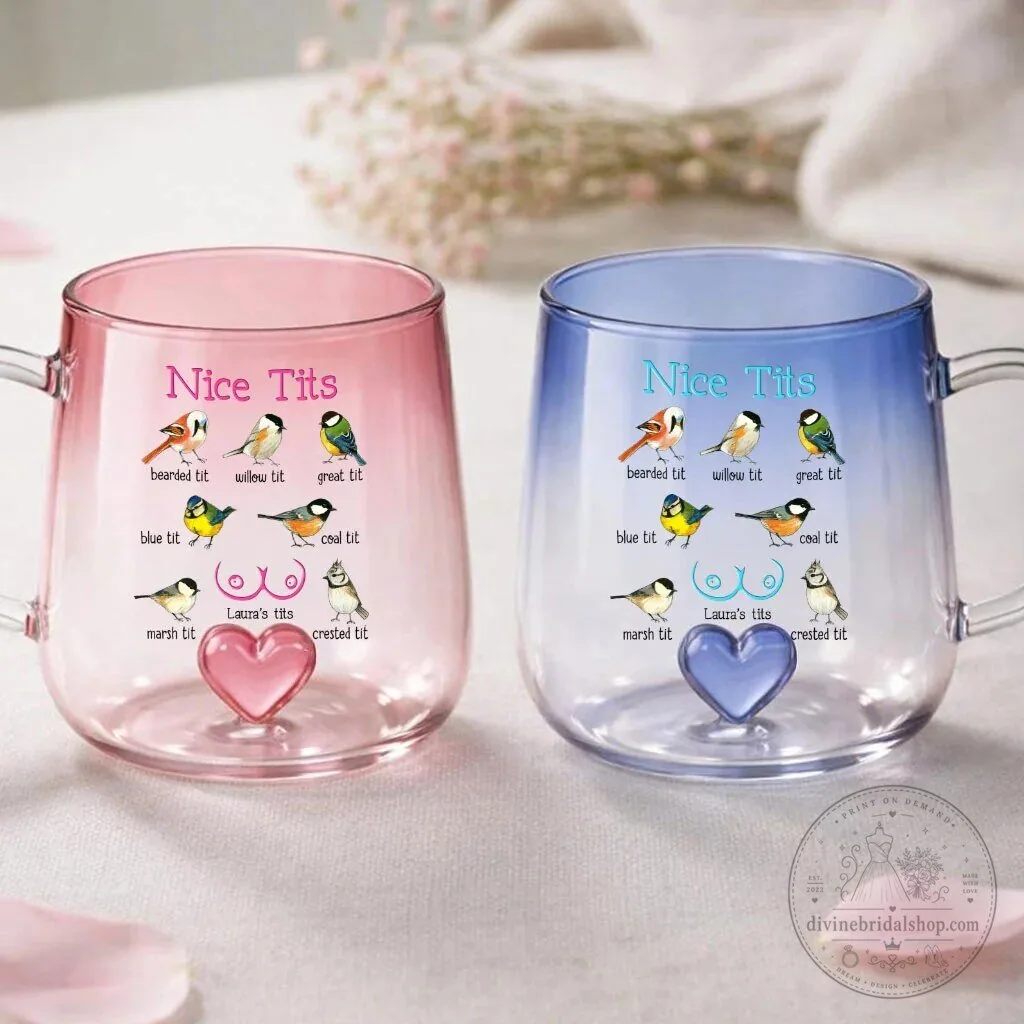 Funny Bird Tits Pink Gradient Glass Mug with Heart Handle 5 Funny Bird Tits Pink Gradient Glass Mug with Heart Handle