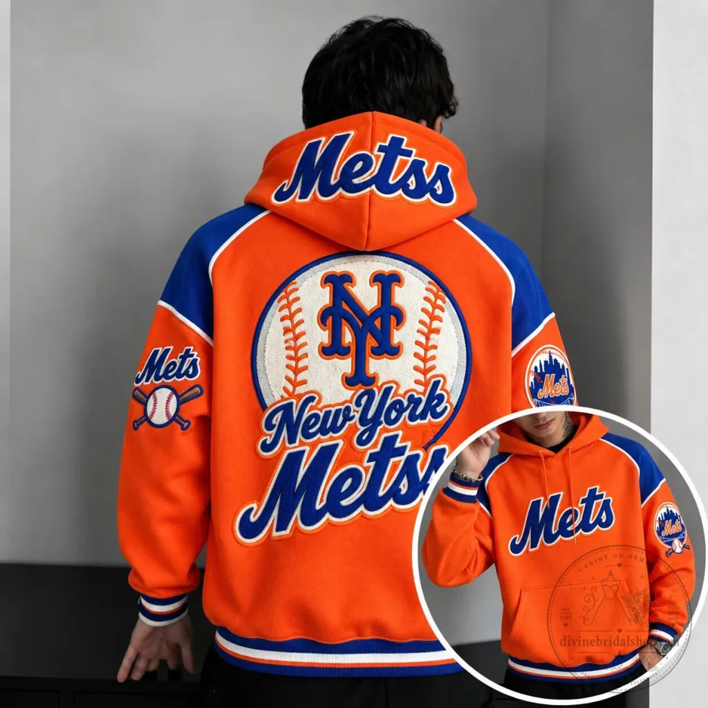 New York Mets Baseball Team Logo Orange Blue Varsity Style Hoodie New York Mets Baseball Team Logo Orange Blue Varsity Style Hoodie