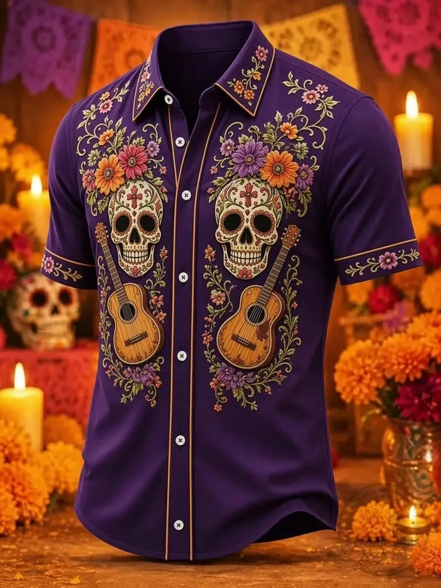 Day of the Dead Sugar Skull Guitar Floral Purple Short Sleeve Hawaiian Shirt