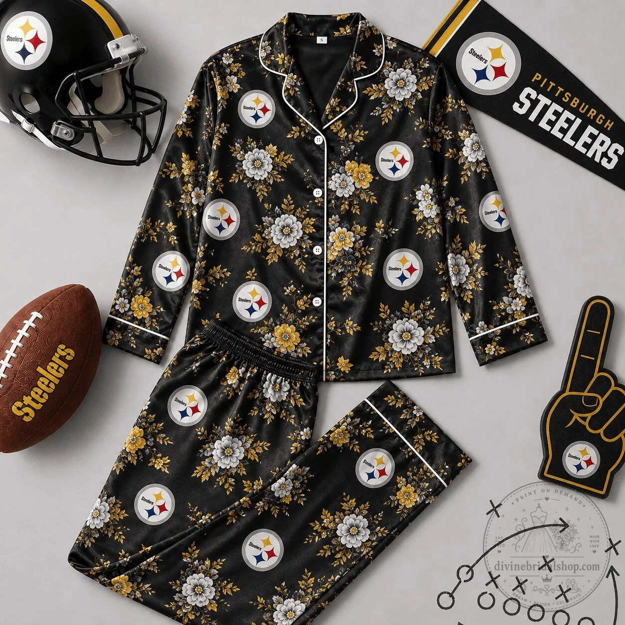 Pittsburgh Steelers Floral Print Button-Up Long Sleeve Pajamas Set