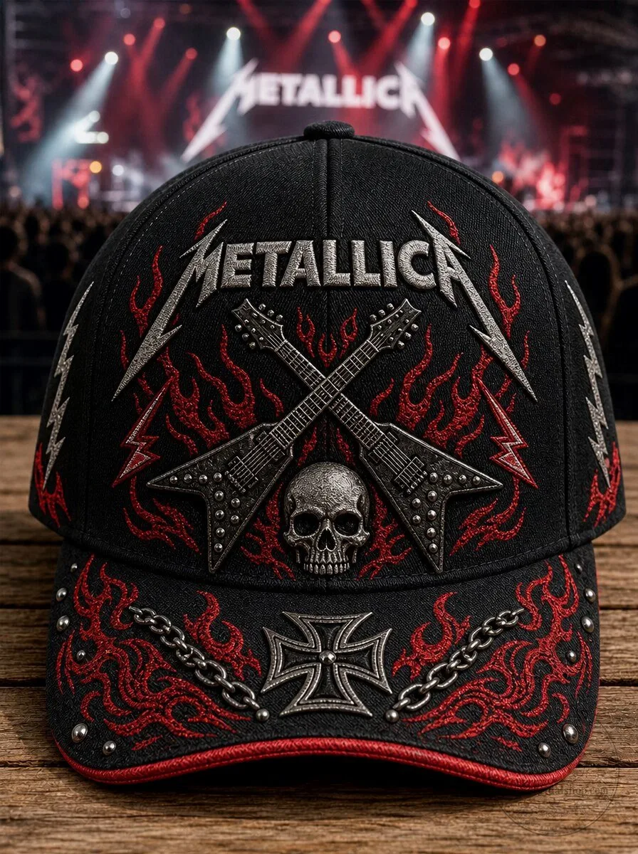 Metallica Heavy Metal Band Logo Skull and Guitars Embroidered Cap Hat