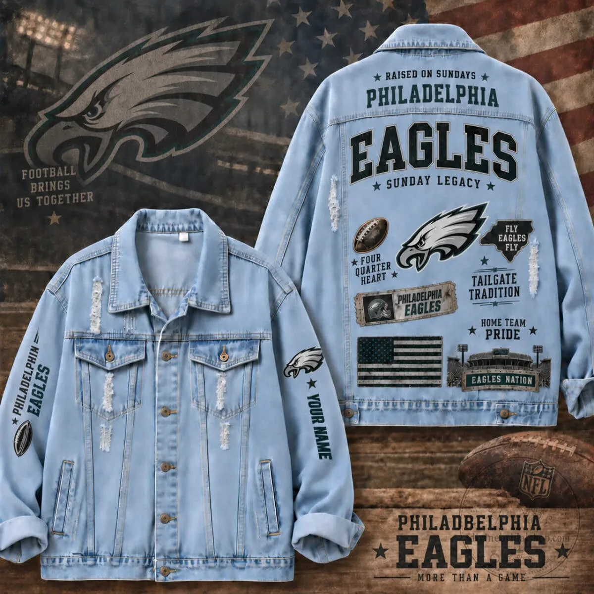 Philadelphia Eagles Fan Sunday Legacy Distressed Denim Jacket