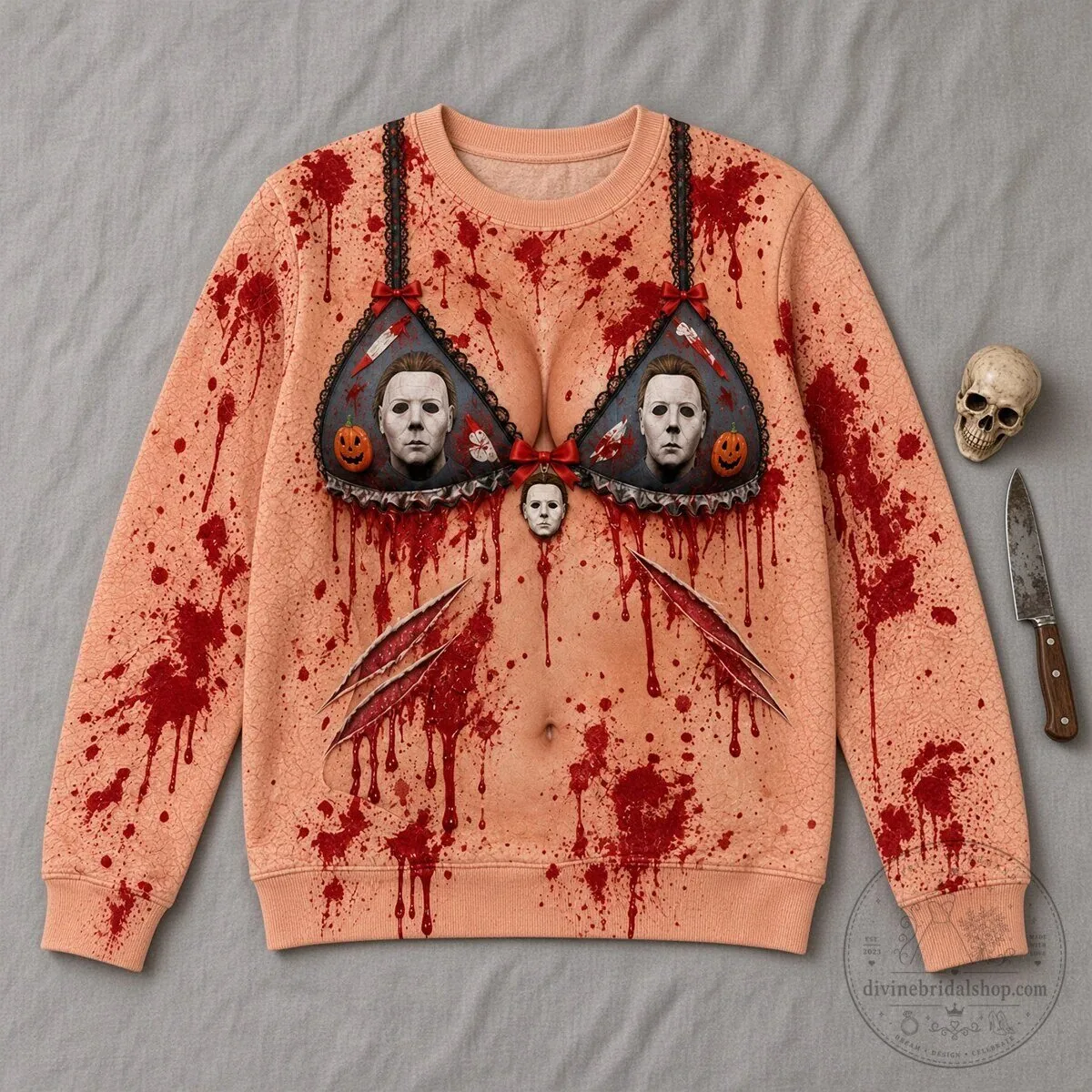 Michael Myers Halloween Blood Splatter Bra Design Horror Movie Sweatshirt 8 Michael Myers Halloween Blood Splatter Bra Design Horror Movie Sweatshirt