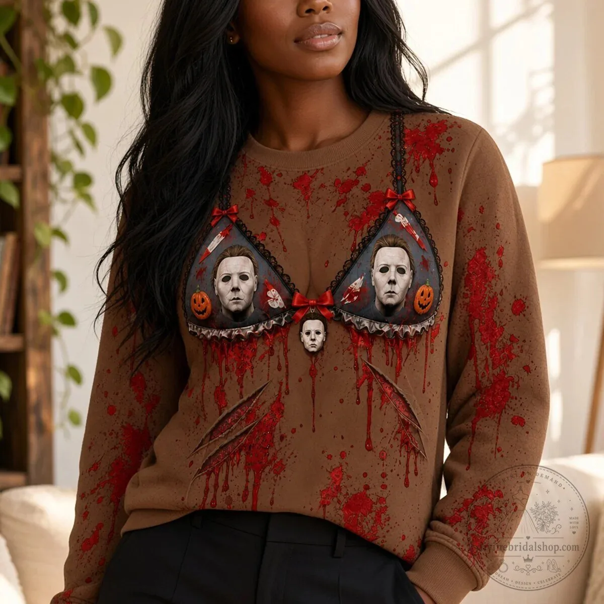 Michael Myers Halloween Blood Splatter Bra Design Horror Movie Sweatshirt 9 Michael Myers Halloween Blood Splatter Bra Design Horror Movie Sweatshirt