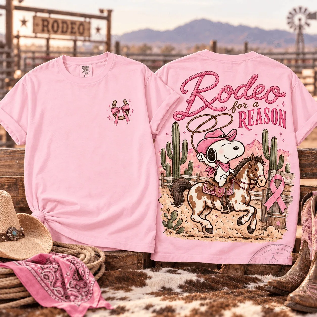 Snoopy Rodeo for a Reason Breast Cancer Awareness Pink Ribbon T-Shirt