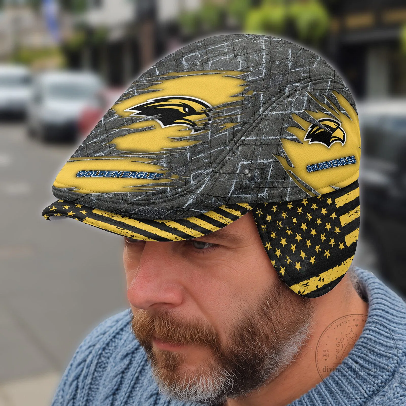 Southern Miss Golden Eagles Distressed Brick Wall Flat Cap with Ear Flaps