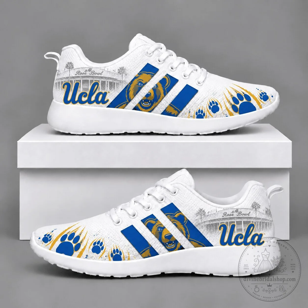 UCLA Bruins Mascot Running Shoes with Rose Bowl Stadium Design