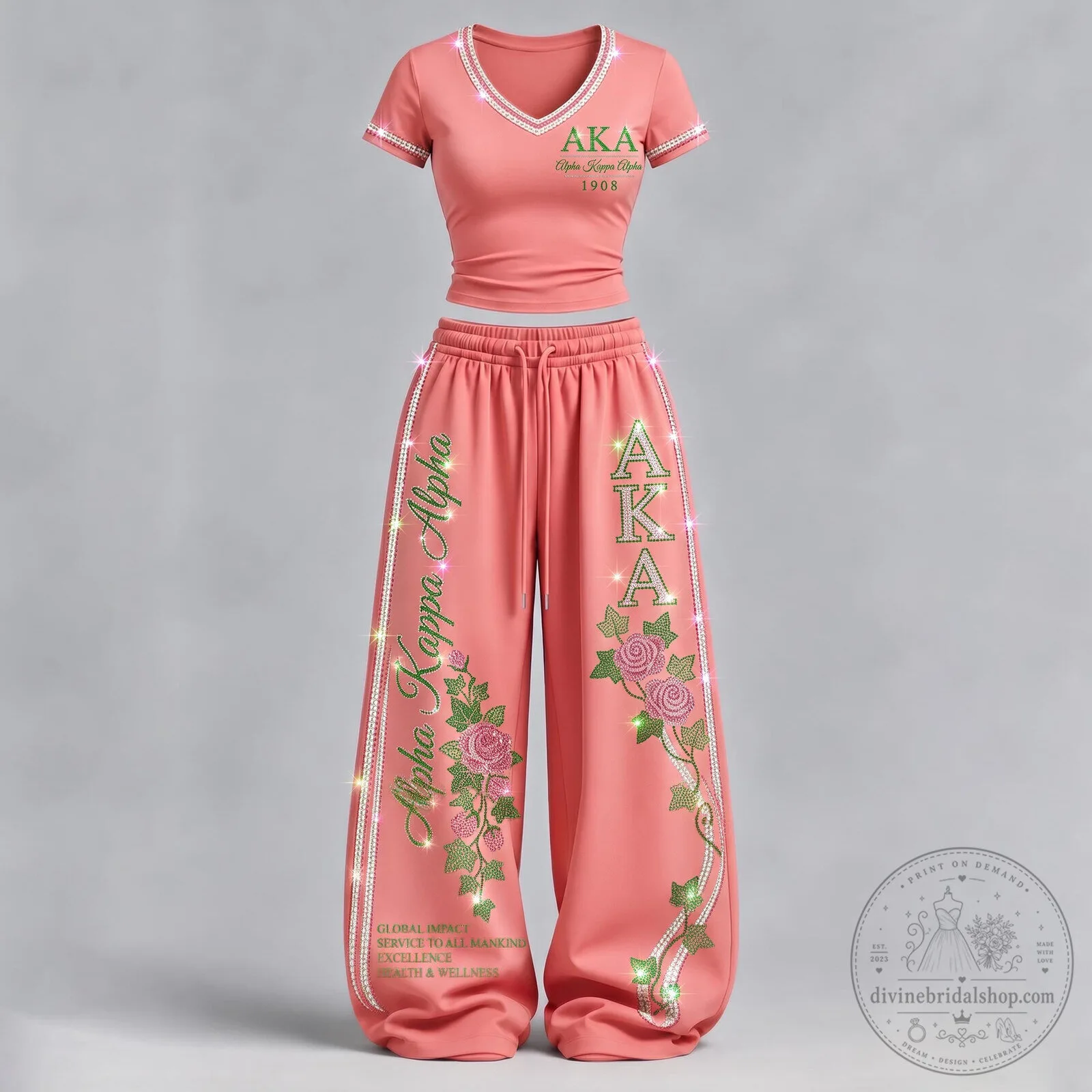 Alpha Kappa Alpha Pink V-Neck Shirt and Wide Leg Pants Set