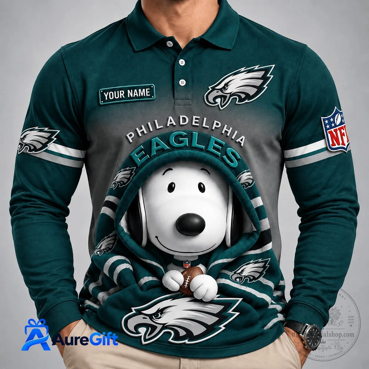 Philadelphia Eagles Football Snoopy Personalized Long Sleeve Polo Shirt
