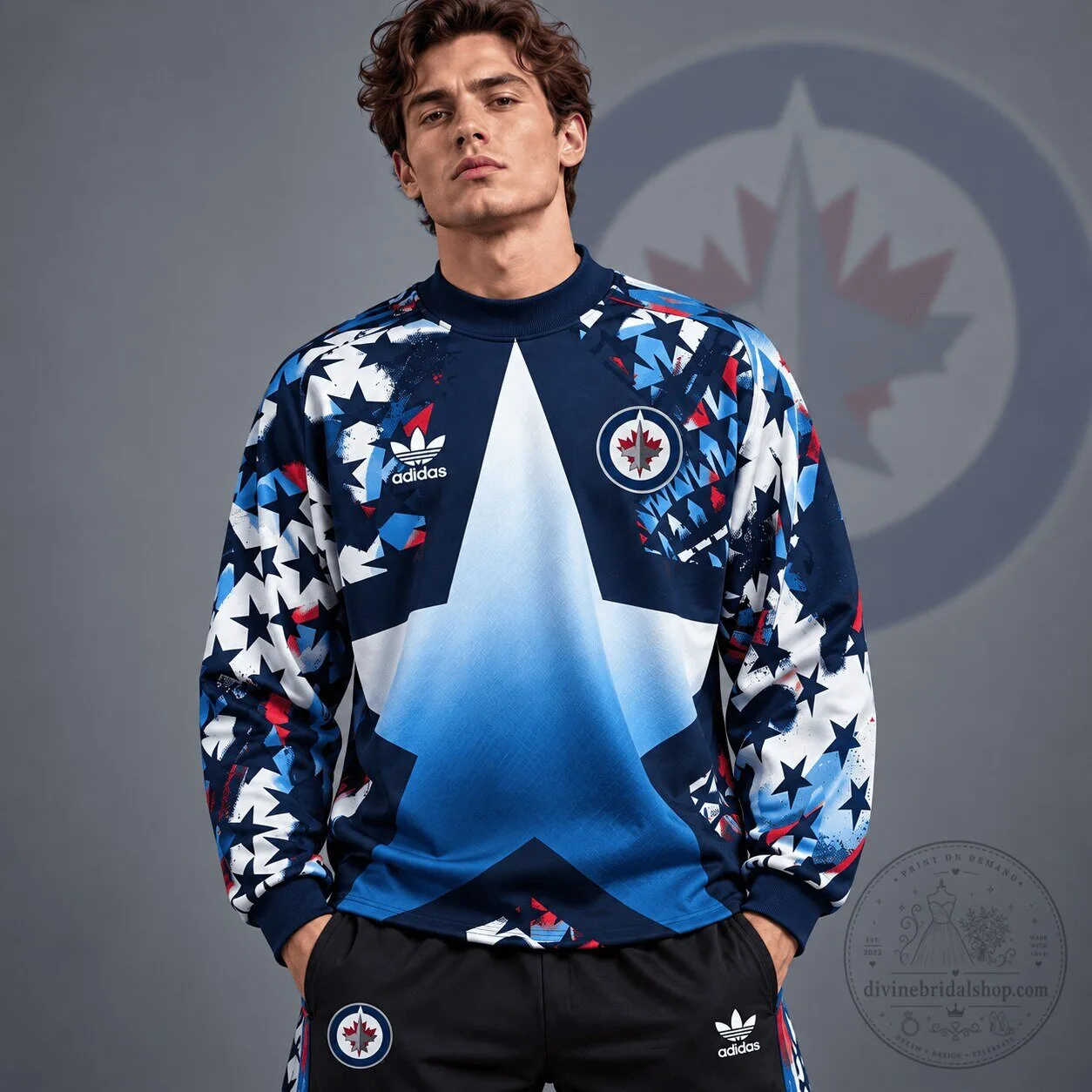Winnipeg Jets NHL Retro Starburst All Over Print Crewneck Sweatshirt