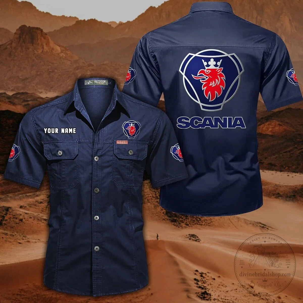 Scania Logo Custom Name Dark Blue Short Sleeve Button-Up Work Shirt