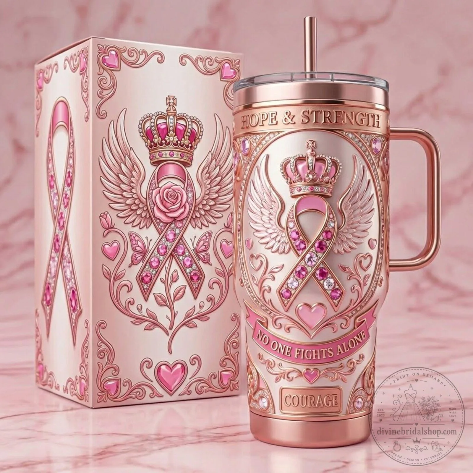 Breast Cancer Awareness Hope and Strength Pink Ribbon Tumbler
