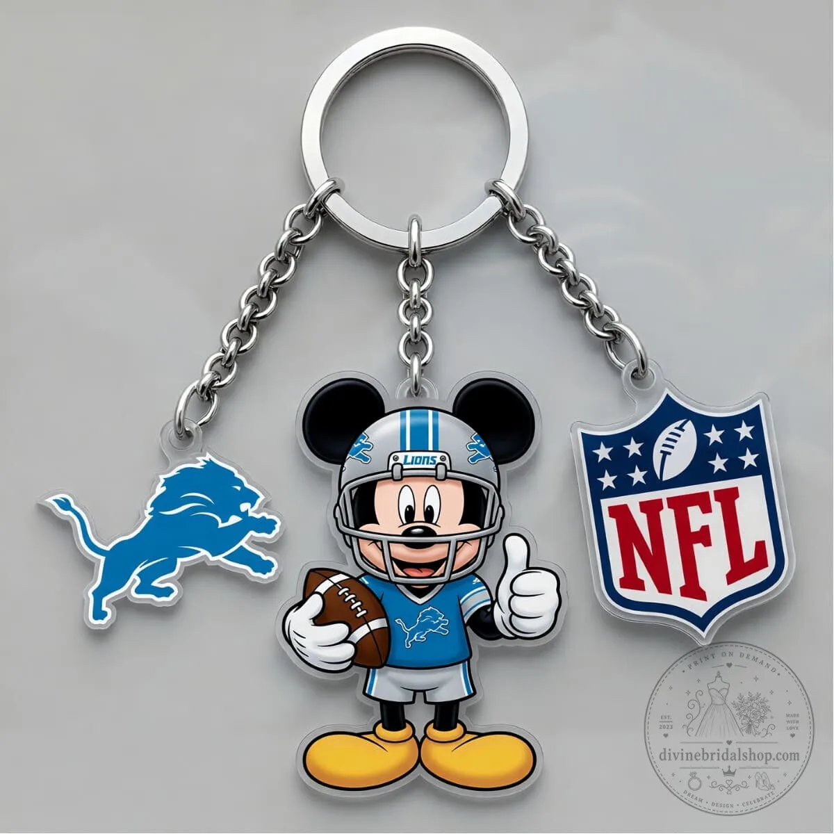 Detroit Lions Mickey Mouse NFL Football Player Triple Charm Keychain