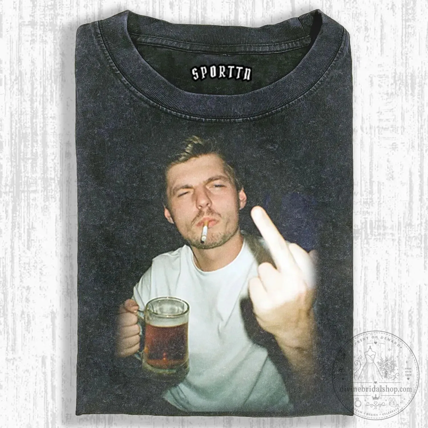 Funny Smoking Man Middle Finger Beer Meme T-Shirt