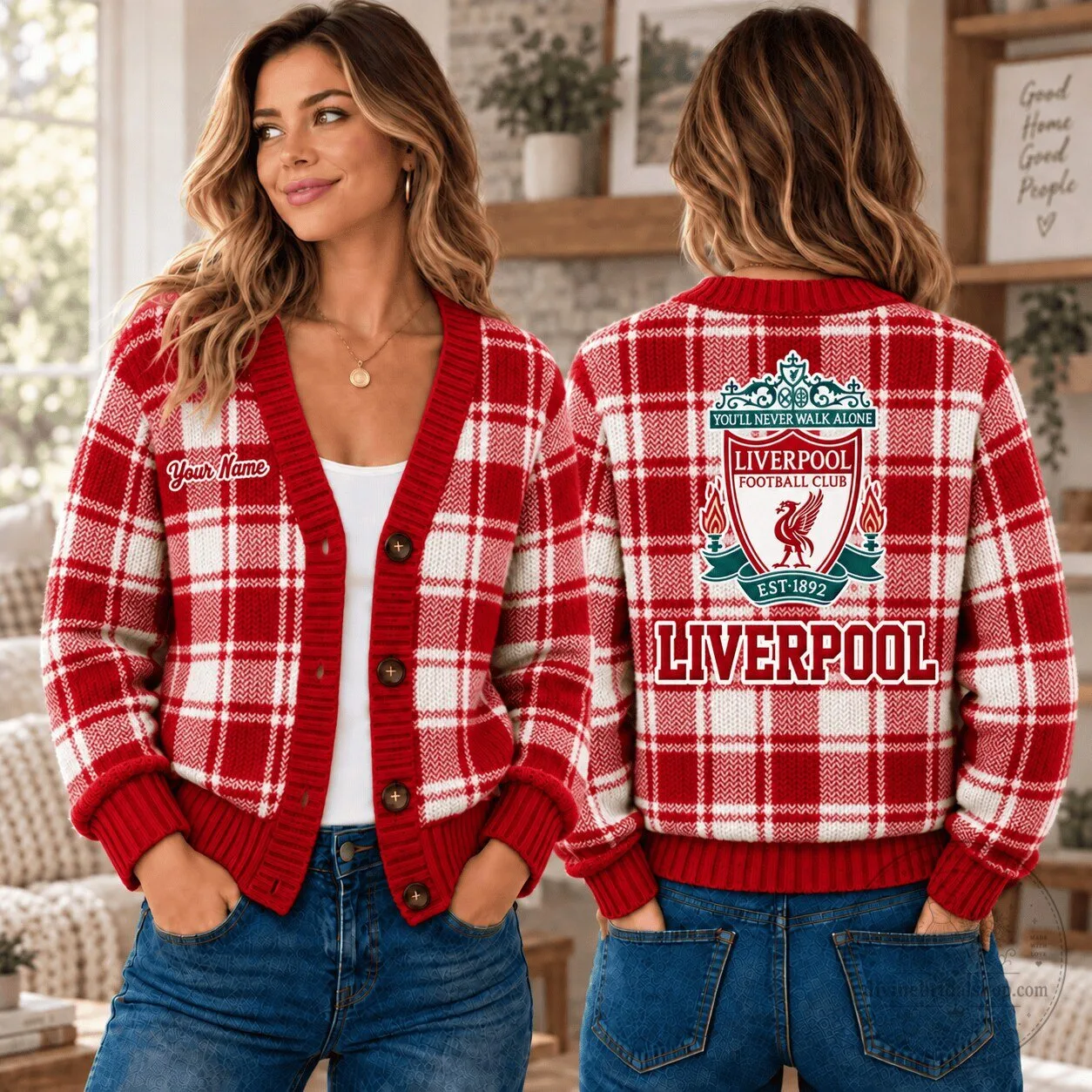 Liverpool Football Club Plaid Knit Cardigan Sweater