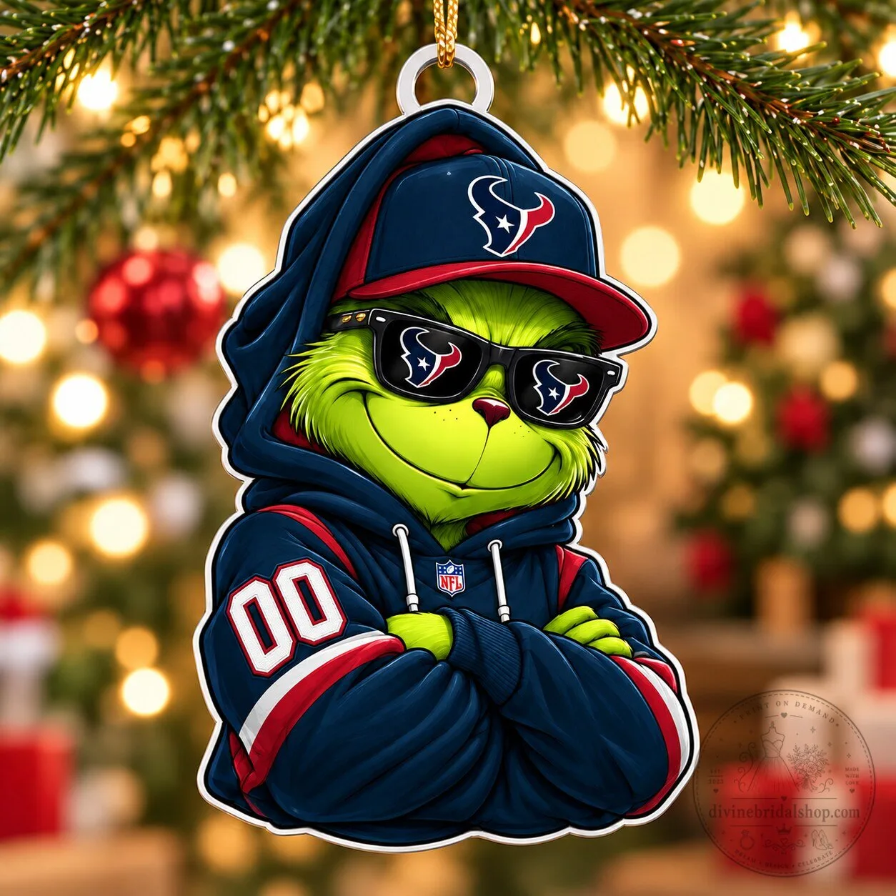 Houston Texans Grinch Christmas Tree Ornament Custom Number