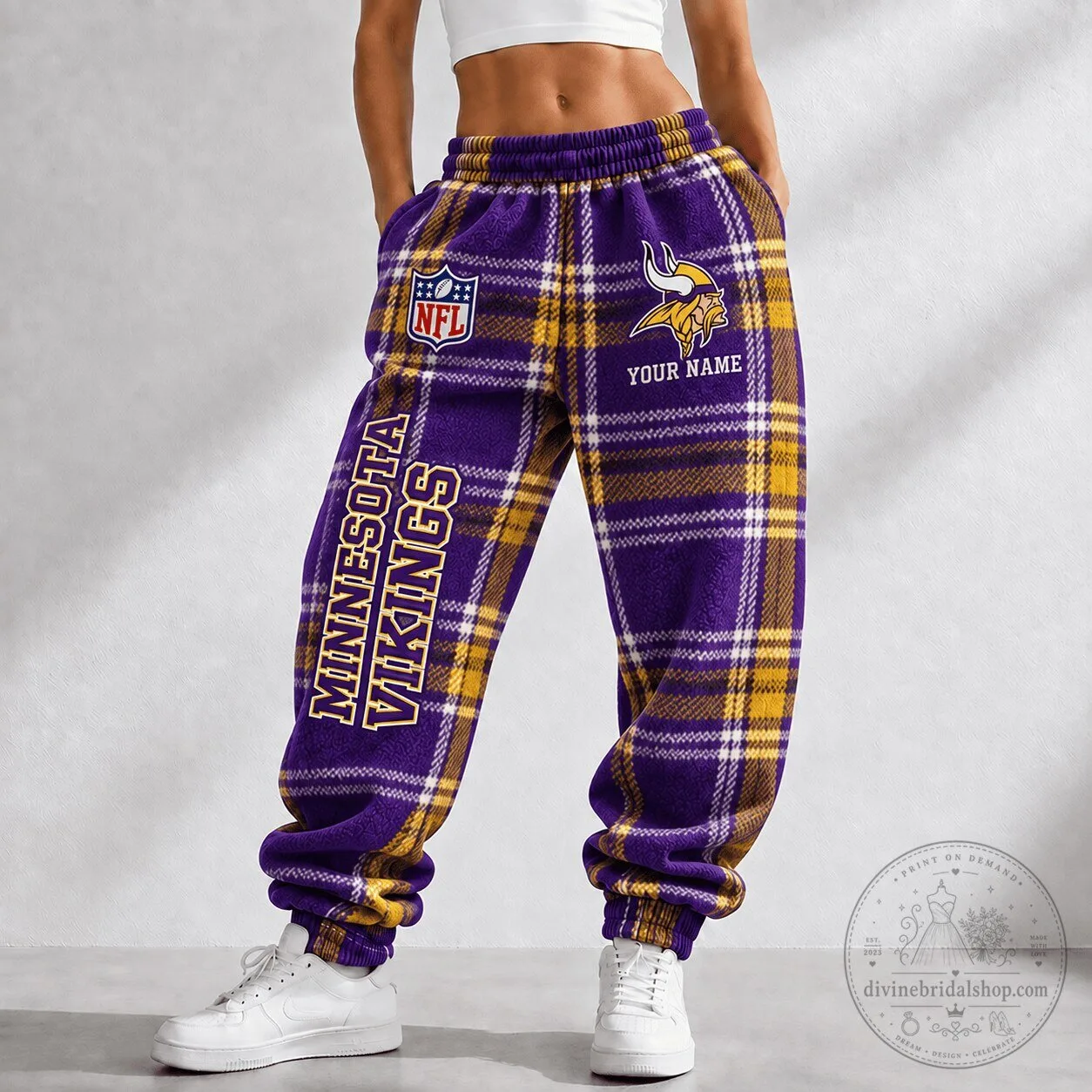 Minnesota Vikings NFL Plaid Custom Name Fleece Jogger Pants