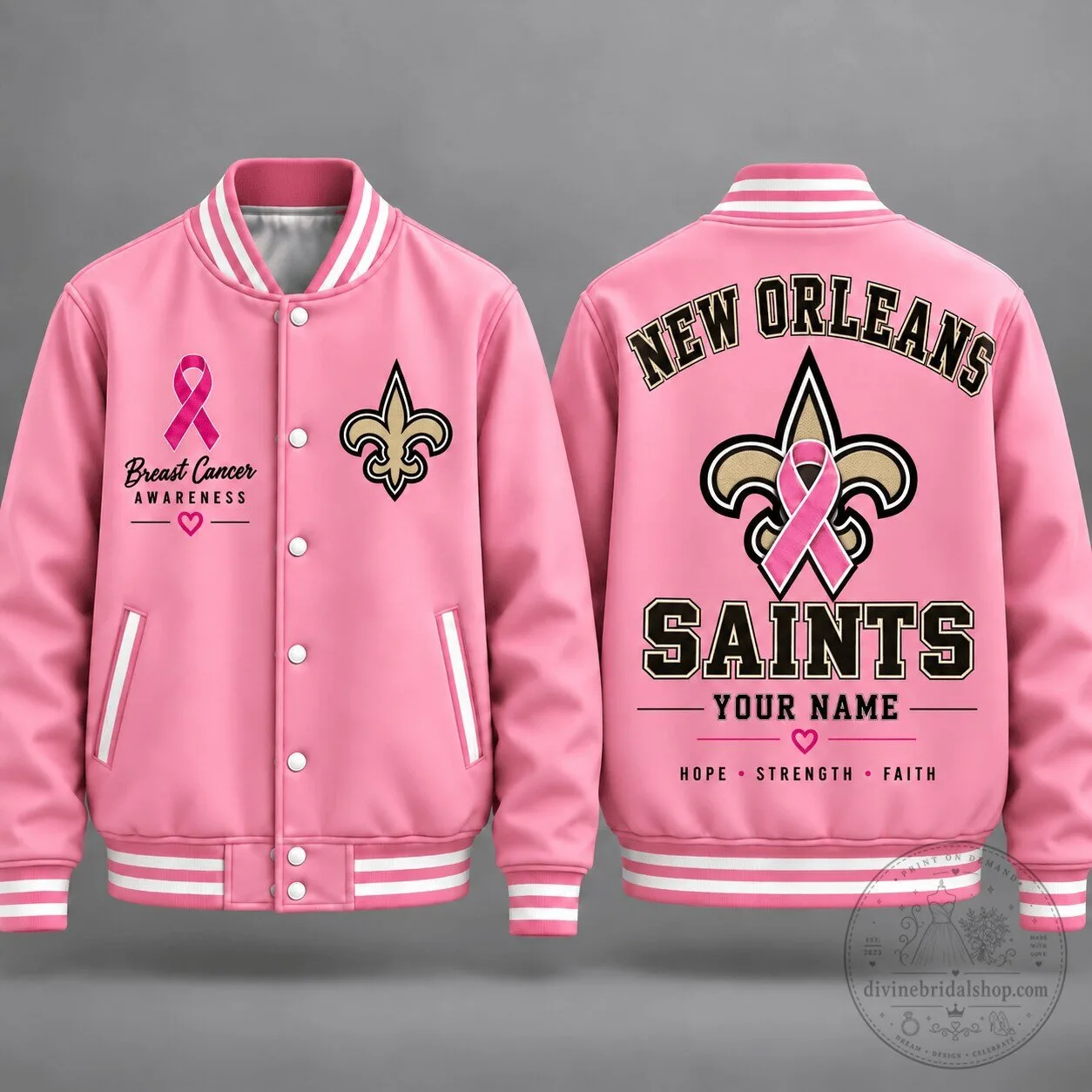 New Orleans Saints Breast Cancer Awareness Personalized Varsity Jacket 1 New Orleans Saints Breast Cancer Awareness Personalized Varsity Jacket