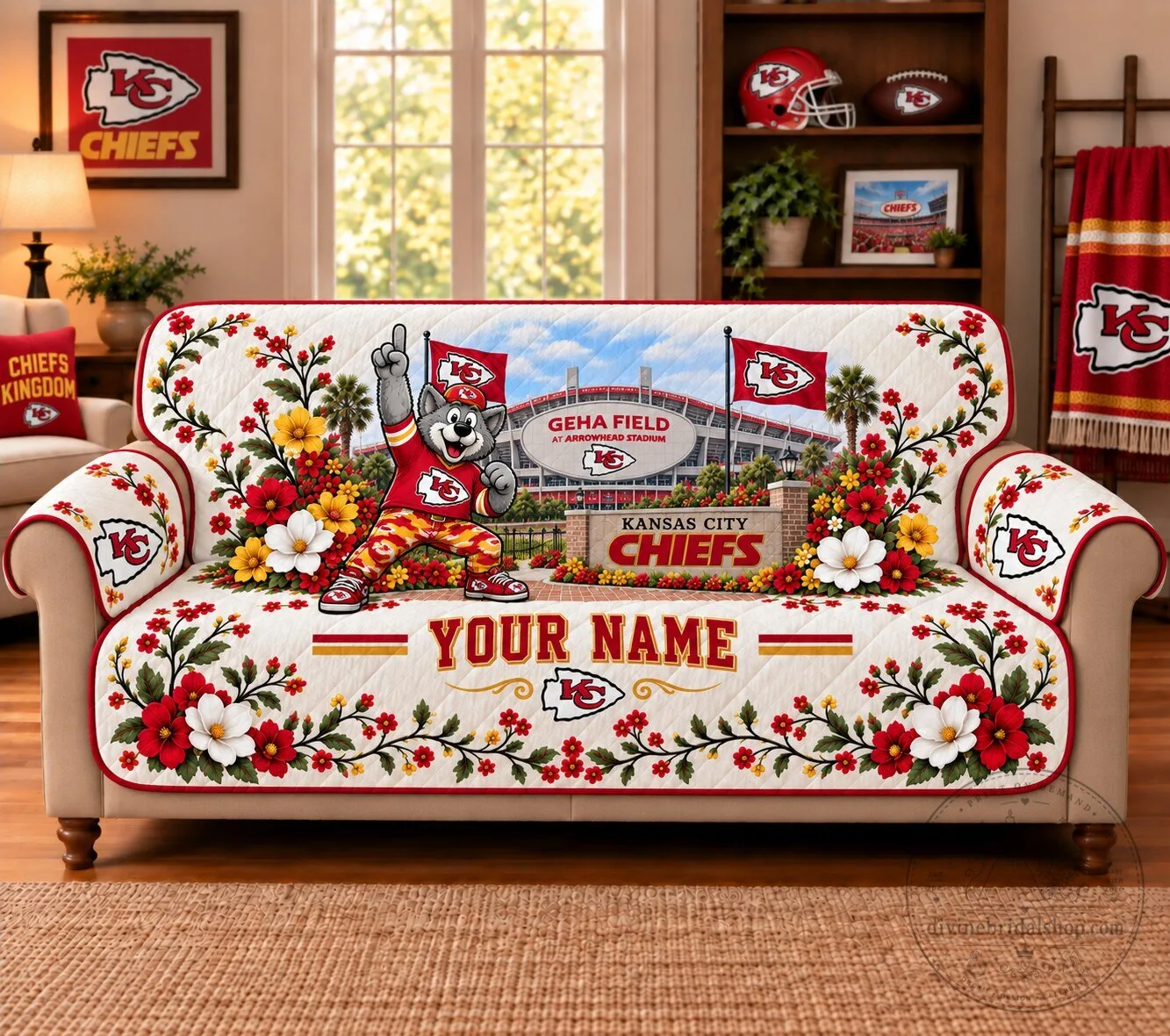 Kansas City Chiefs Personalized Sofa Slipcover with Mascot and Stadium Design