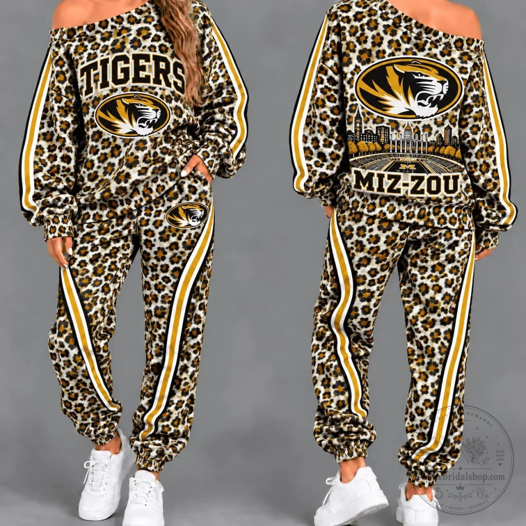 Missouri Tigers Women's Leopard Print Off Shoulder Tracksuit Set Missouri Tigers Women's Leopard Print Off Shoulder Tracksuit Set