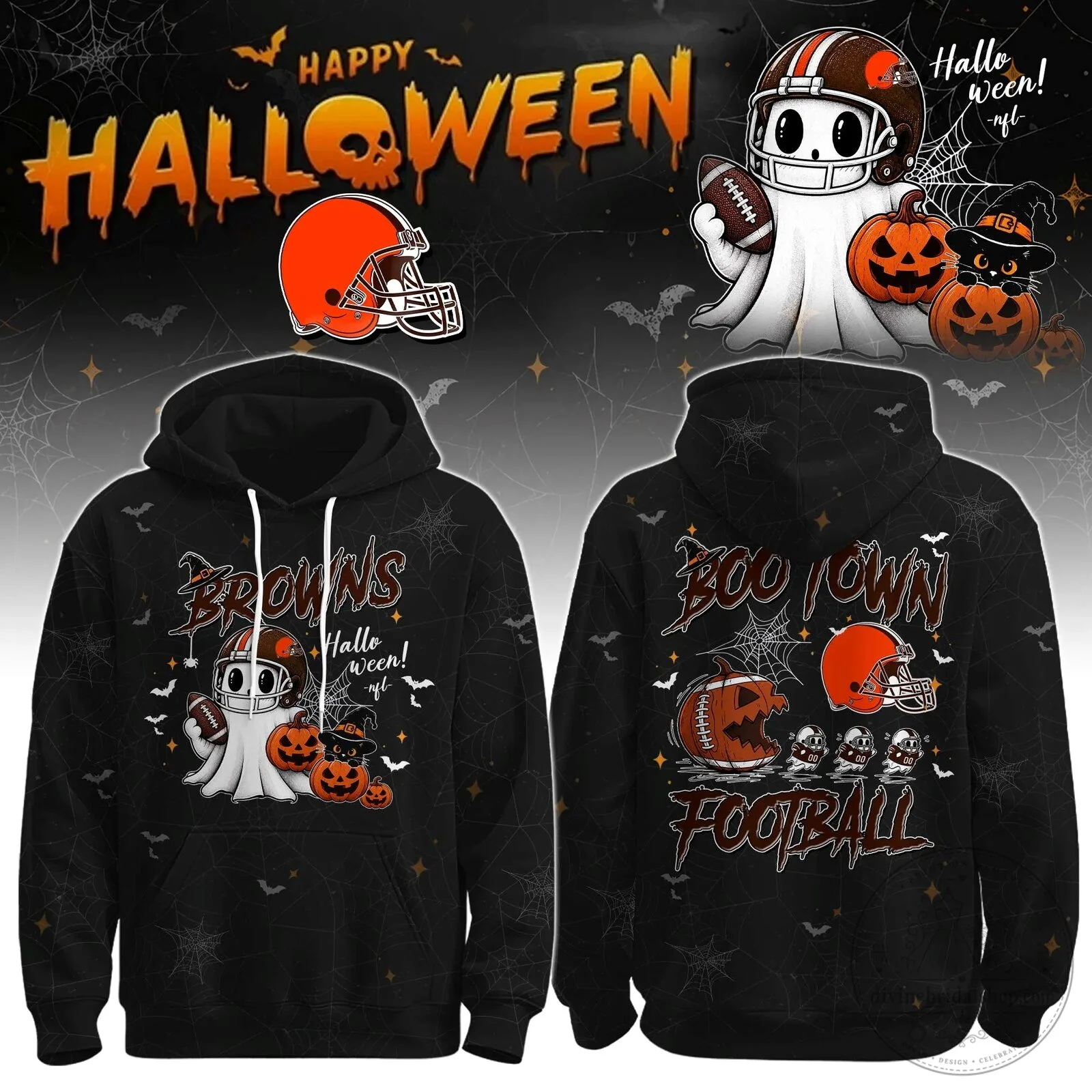 Cleveland Browns Halloween Boo Town Football Ghost Black Hoodie