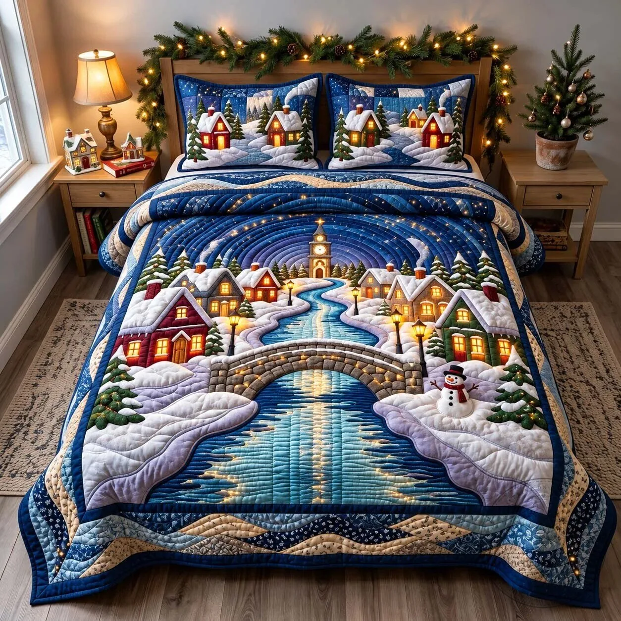Midnight Winter Village Christmas Quilted Bedding Set