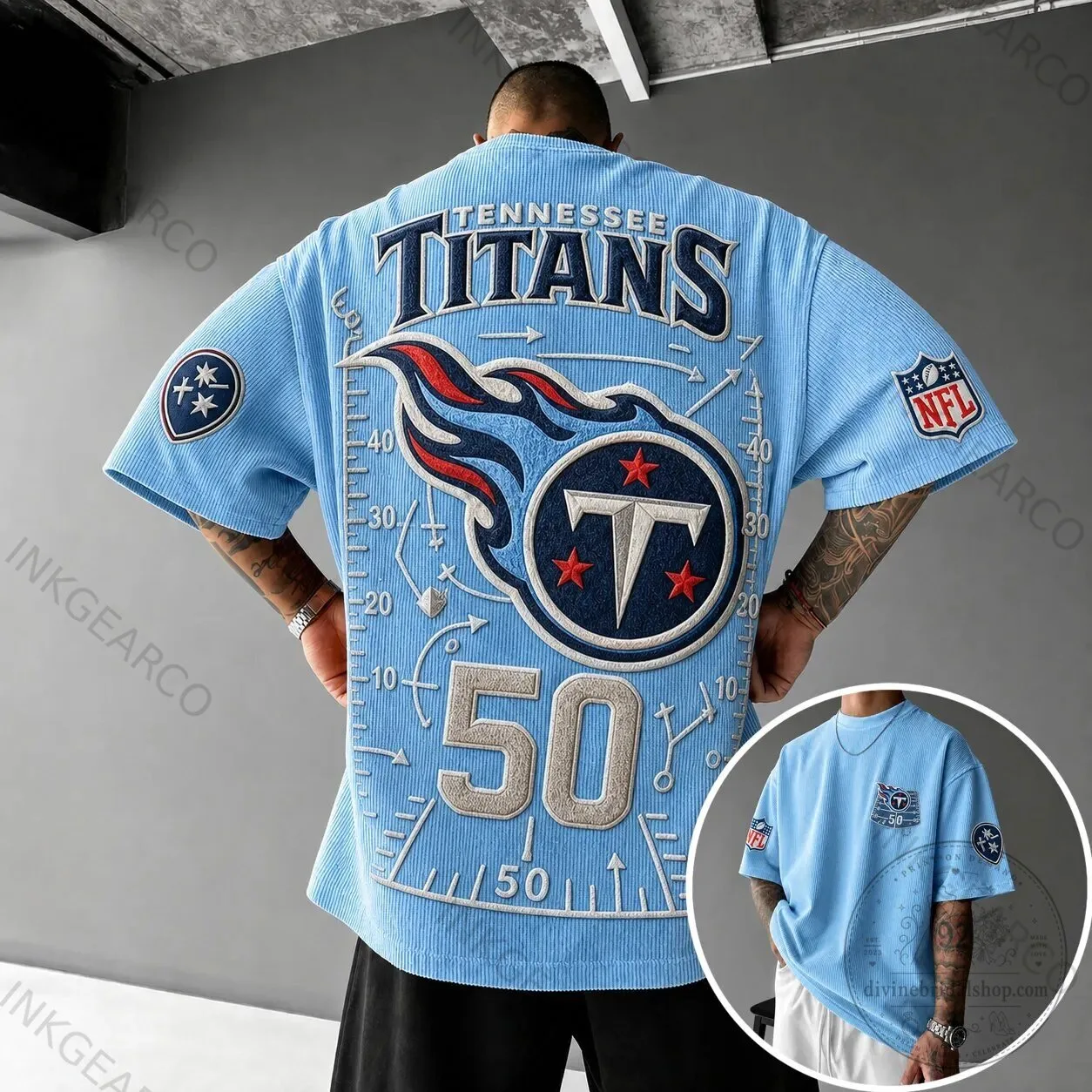 Tennessee Titans NFL Football Team Light Blue Corduroy Short-Sleeve T-Shirt