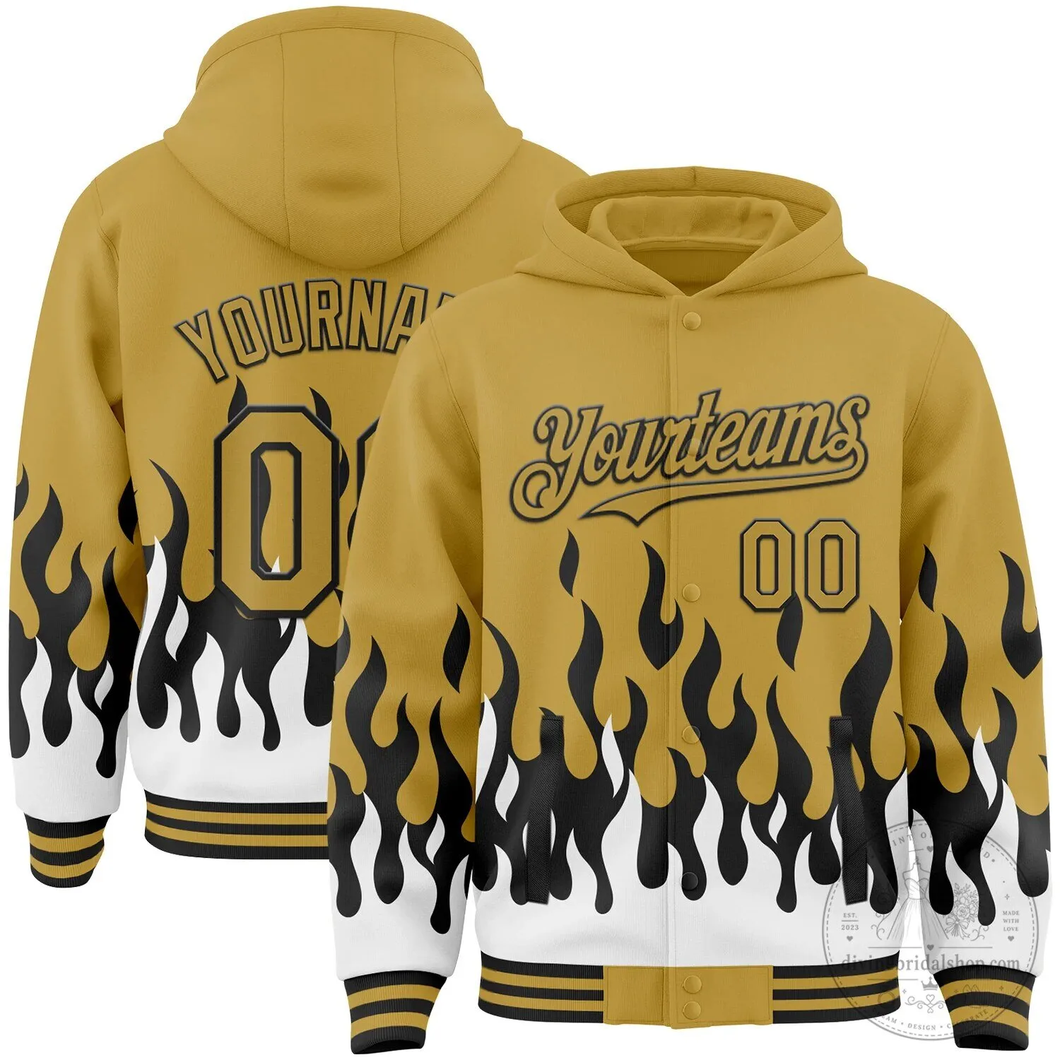 Custom Old Gold Black White Fire Flame Bomber Full Snap Varsity Letterman Hoodie Jacket