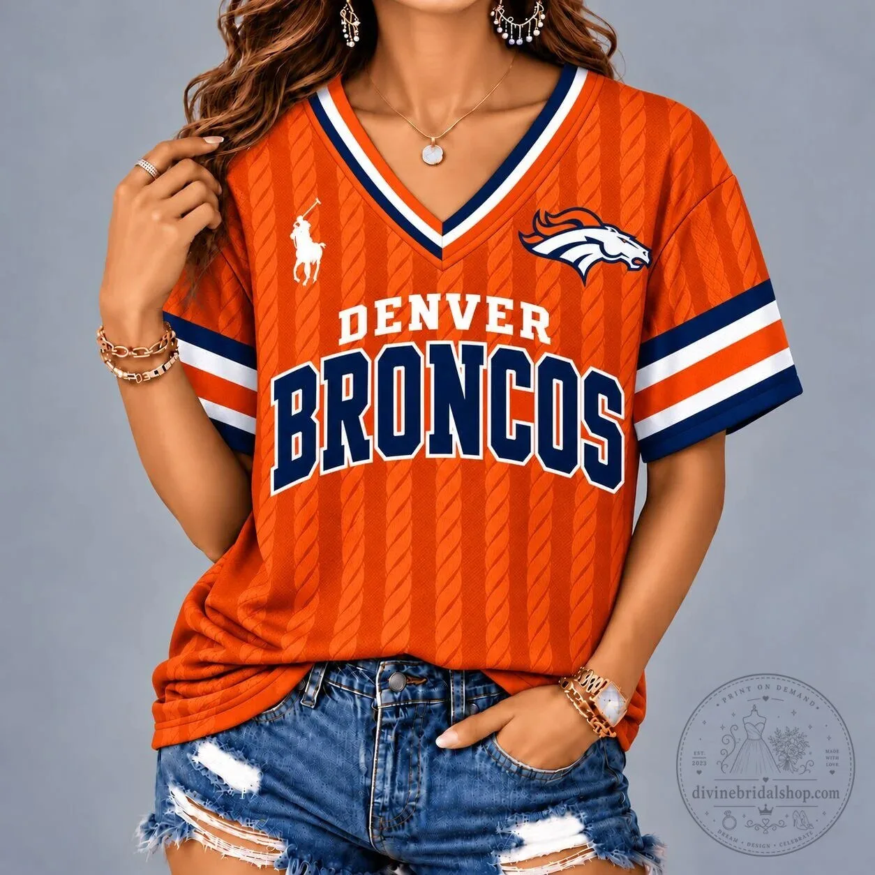 Denver Broncos Football Team V-Neck Short Sleeve T-Shirt