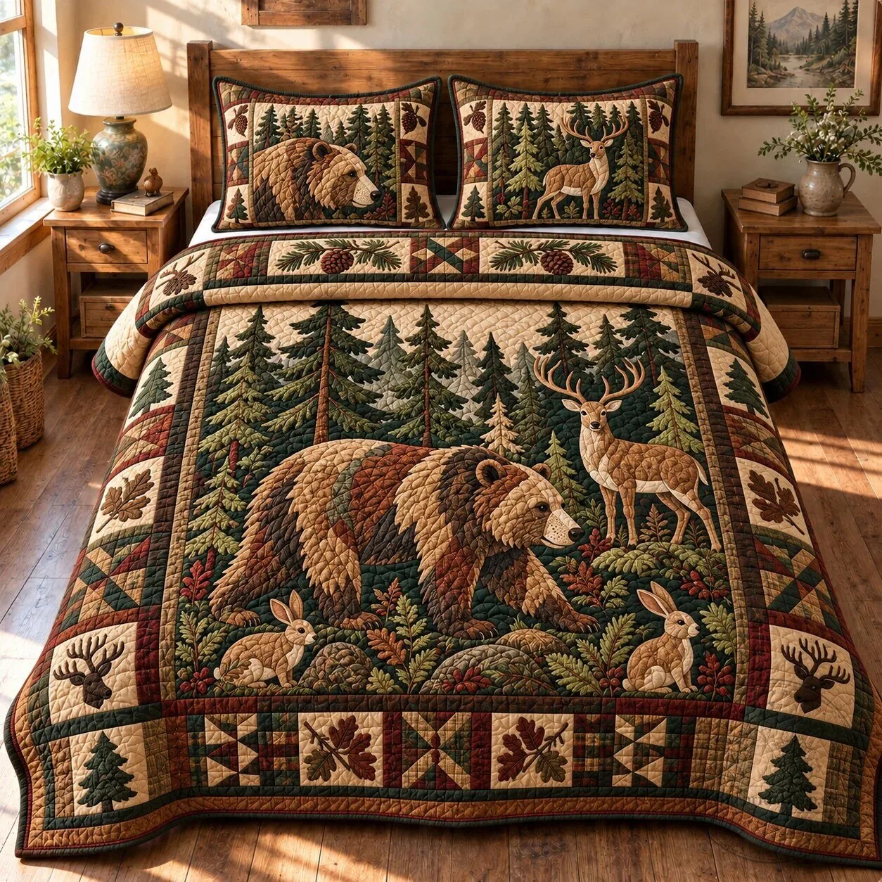 Rustic Woodland Harmony Bear and Deer Quilted Bedding Set