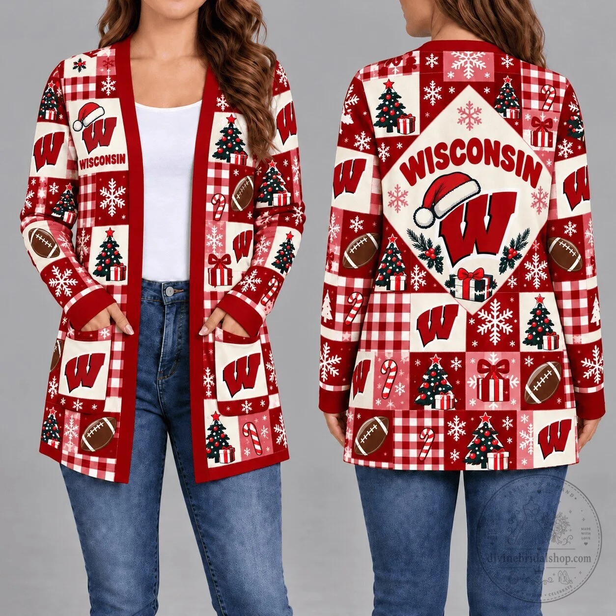 Wisconsin Badgers Christmas Holiday Patchwork Pattern Women's Long Sleeve Cardigan