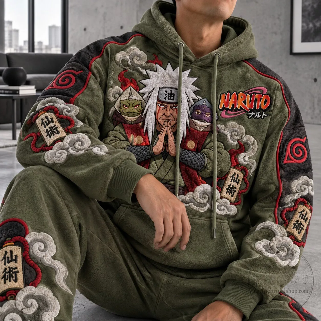 Naruto Jiraiya Sage Mode Embroidered Olive Green Hoodie