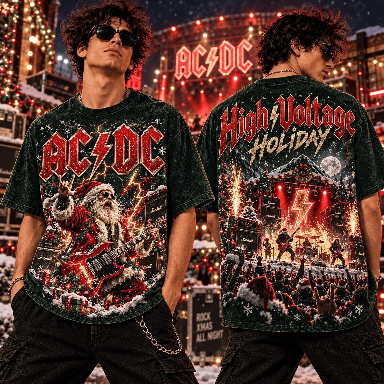 ACDC Santa Claus Christmas Rock and Roll High Voltage Holiday T-Shirt