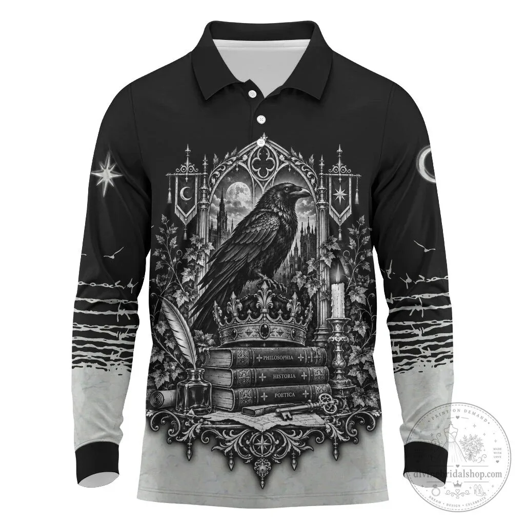 Dark Academia Raven Gothic Literature Vintage Bookish Long-Sleeve Polo Shirt