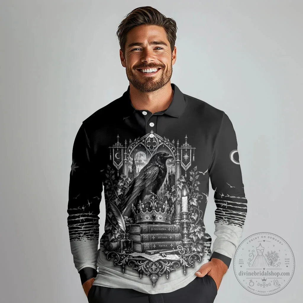 Dark Academia Raven Gothic Literature Vintage Bookish Long-Sleeve Polo Shirt 6 Dark Academia Raven Gothic Literature Vintage Bookish Long-Sleeve Polo Shirt